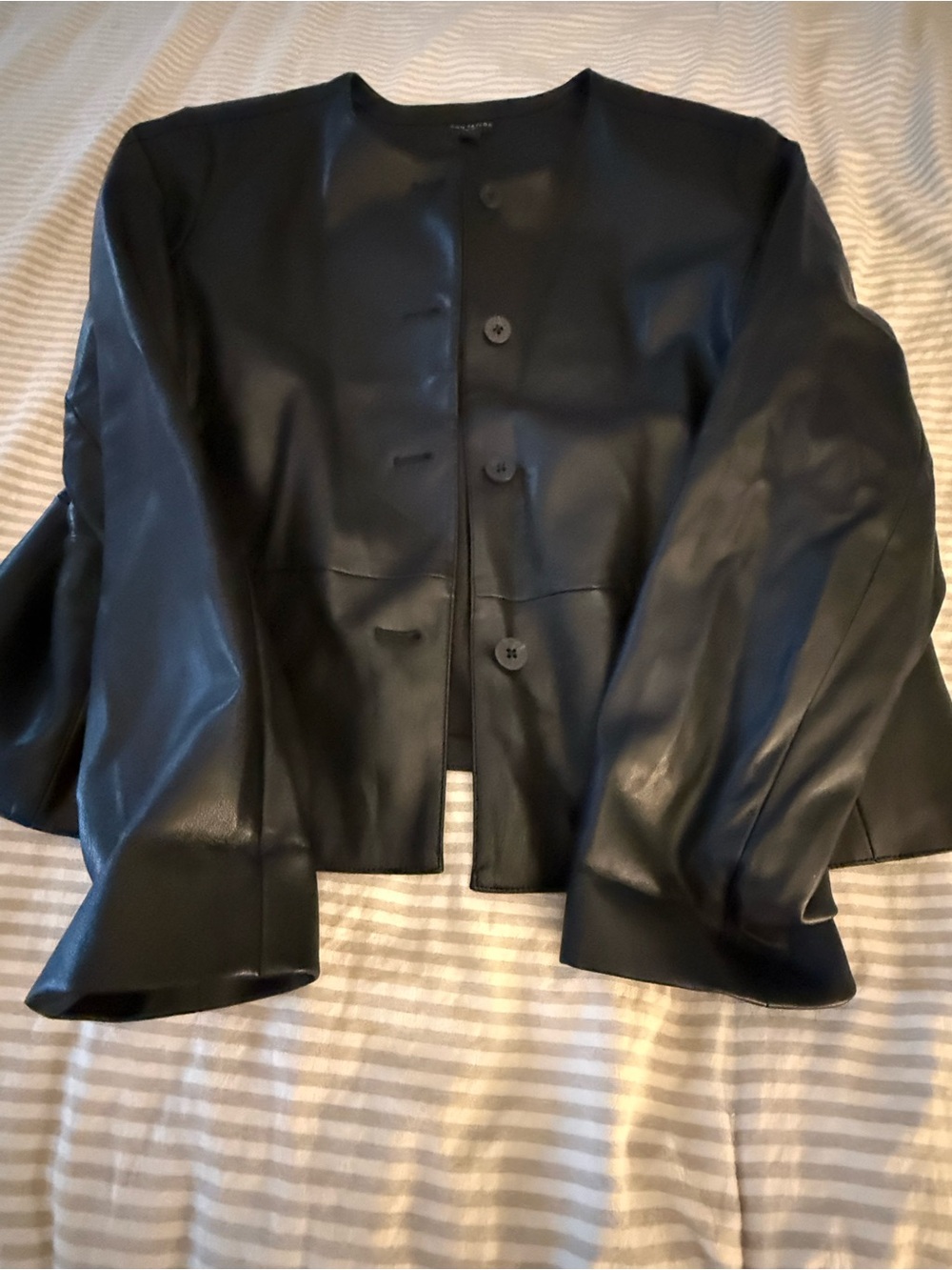 Ann Taylor Black Faux Leather Collarless Button Jacket